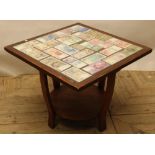 Square topped coffee table inset with collection of world bank notes with glazed top, H48cm