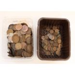 Two tubs of GB copper and bronze coinage, mostly pennies, half pennies and farthings QV through