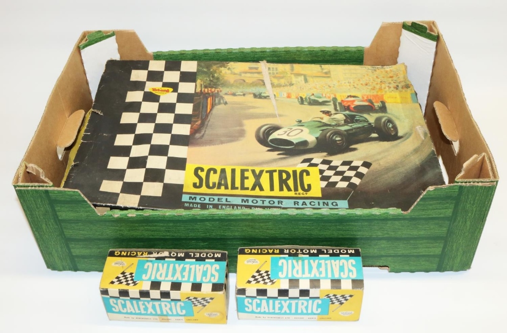 Vintage Scalextric Model Motor Racing set with original box, and two Scalextric Minimodels vehicles: