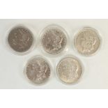 Five USA silver Morgan dollars $1 USD for 1880, 1889 (2), 1891 and 1921. All encapsulated