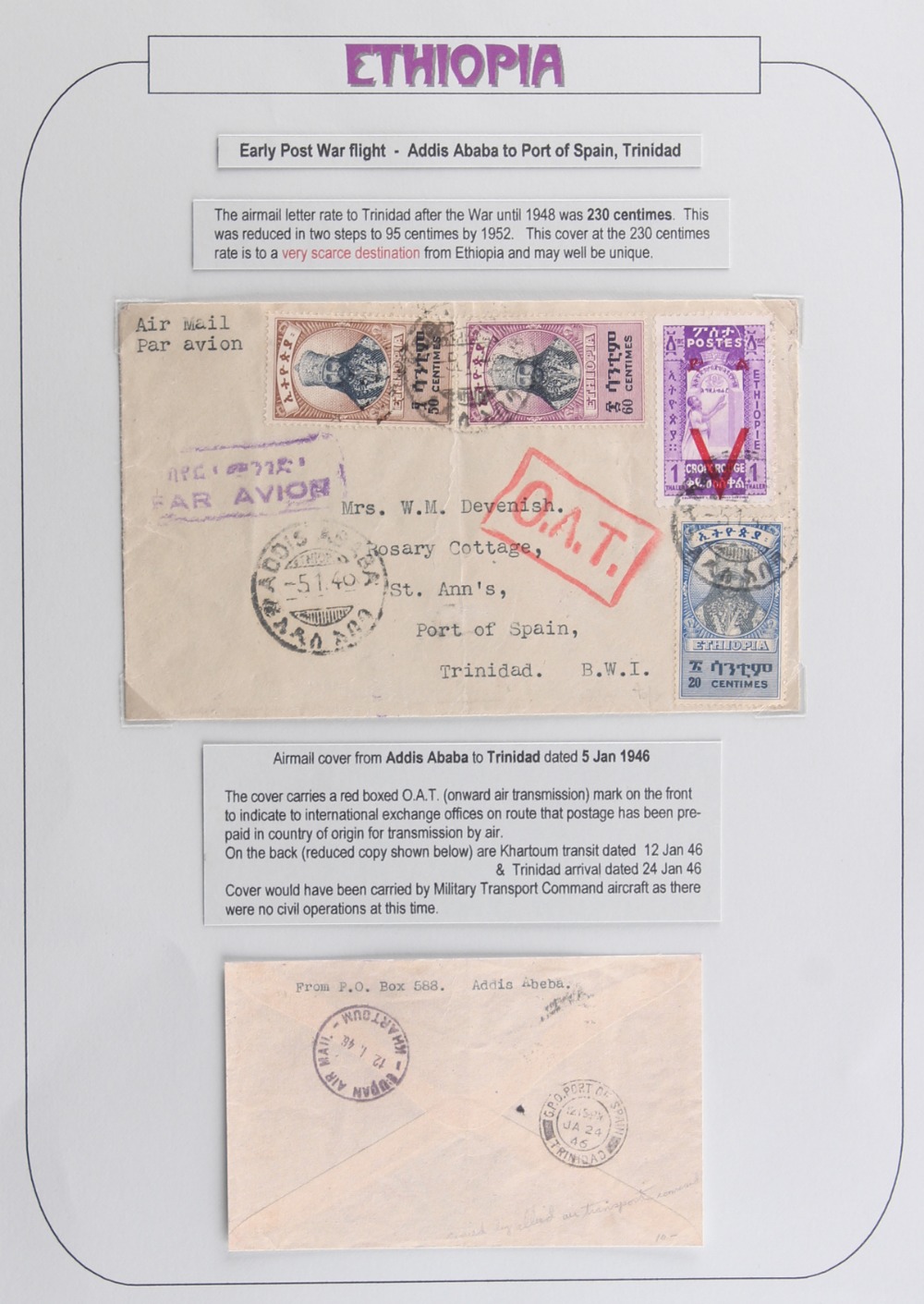 The Basil Lewis (1927-2019) collection of stamps - Ethiopia: 1946 (Jan 5th) air cover to Trinidad