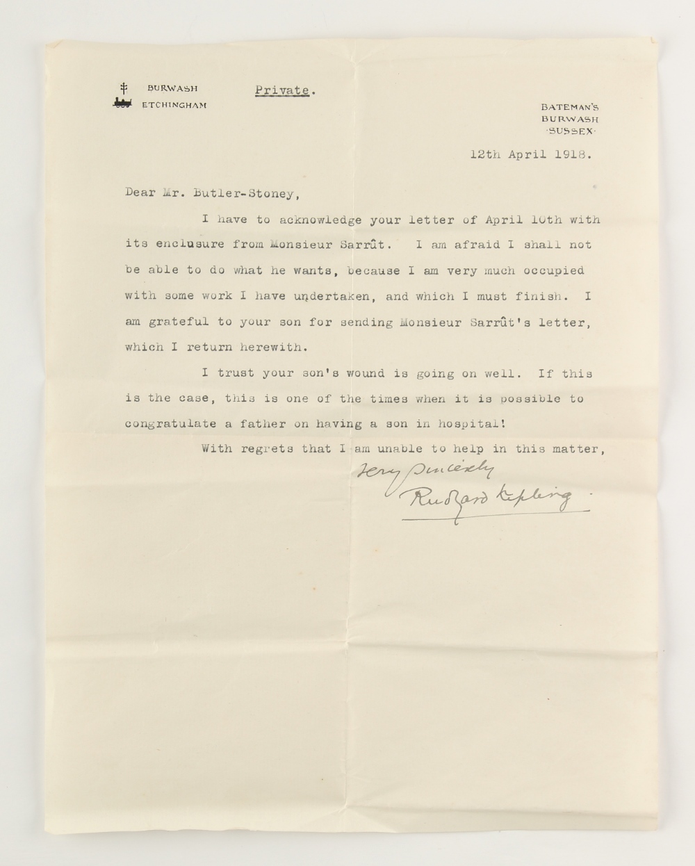 From the Butler-Stoney family - RUDYARD KIPLING (1865-1936) - autograph - a typed letter on