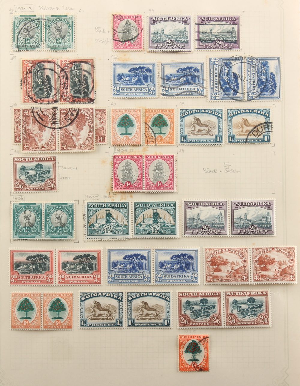 Stamps - South Africa: A mint and used selection on leaves including 1913-24 values (25) to 5/-