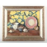 Property of a lady - Nancy Batty (modern) - STILL LIFE OF A PLATE, CUP AND SEASHELL - oil on canvas,