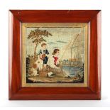 Property of a lady - a Victorian needlework picture depicting an angler & companion with dog, in
