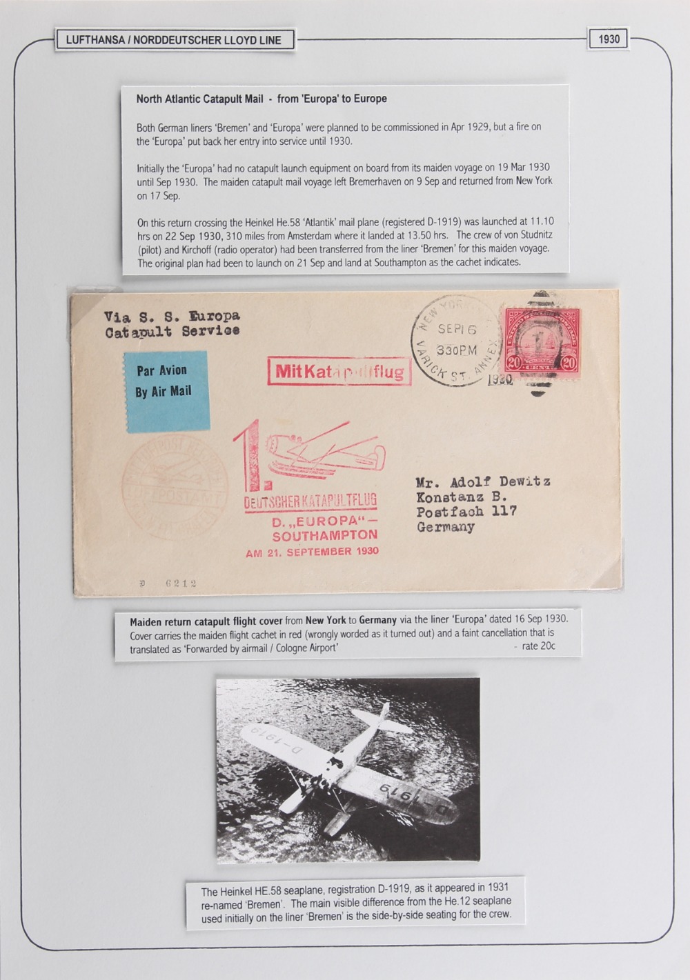 The Basil Lewis (1927-2019) collection of stamps - World: Catapult Flights, 1928-35 a small - Image 2 of 2