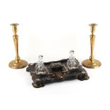Property of a gentleman - a Victorian black papier mache inkstand, with gilt & mother-of-pearl