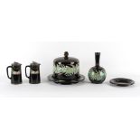 Property of a lady - a group of five Victorian Jackfield type black glazed red ware ceramics