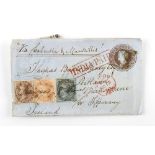 From the Butler-Stoney family - stamps - India: 1858 1a brown on blue stationery envelope bearing