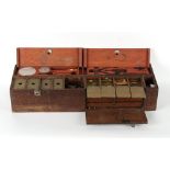 Property of a lady - an early 20th century oak fishing tackle box, the hinged lid enclosing lidded