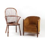 Property of a lady - a 19th century yew wood Windsor elbow chair, the crinoline stretcher detached