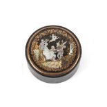 Property of a lady of title - a George III gold & mother-in-pearl inlaid papier mache circular snuff