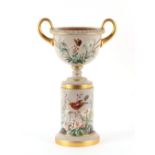 Property of a lady - a large Victorian opaque glass two handled urn on stand, with enamel painted