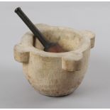 Property of a lady - a large antique white marble lugged mortar with large wooden pestle, the mortar