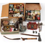 Property of a deceased estate - a box containing assorted items including fossils, two Tibetan