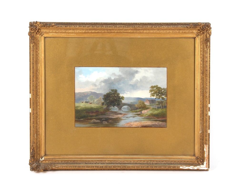 Property of a gentleman - English school, late 19th century - A FIGURE AND CATTLE BY A RIVER WITH