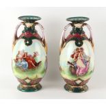 Property of a gentleman - a pair of early 20th century Vienna style two-handled vases, painted