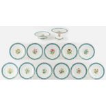 A late 19th century Minton dessert service, painted with various flowers within a patterned