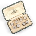 Property of a gentleman - a cased set of 9ct gold mother-of-pearl & blue enamel cufflinks & buttons,