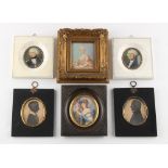 Property of a deceased estate - four decorative portrait miniatures, the largest 6.25 by 5.75ins. (