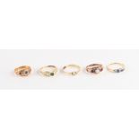 Property of a lady - a group of five gold gem set rings, 18ct, 14ct and 9ct, approximately 9.5 grams