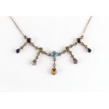 Property of a lady - a silver & multi coloured gem set fringe necklace, including a square cut