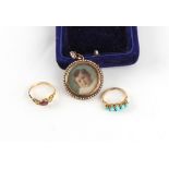 Property of a lady - a late Georgian unmarked gold garnet & seed pearl ring; together with an