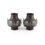Property of a deceased estate - a pair of Japanese bronze & cloisonne vases, late 19th / early