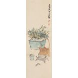 Property of a deceased estate - a Chinese scroll painting on paper depicting flowers in a pot, a