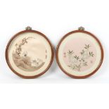 Two Chinese embroidered silk roundels, one depicting goats, the other depicting flowers, both with