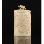 Property of a lady - a Japanese carved ivory tusk section box, Meiji period (1868-1912), carved in