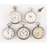 The Henry & Tricia Byrom Collection - five silver pocket watches, all requiring attention, including