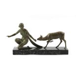 Property of a deceased estate - an Art Deco spelter figure of a maiden & fawn, on green marble base,