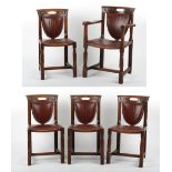 Property of a lady - a set of five early 20th century Arts & Crafts carved oak dining chairs