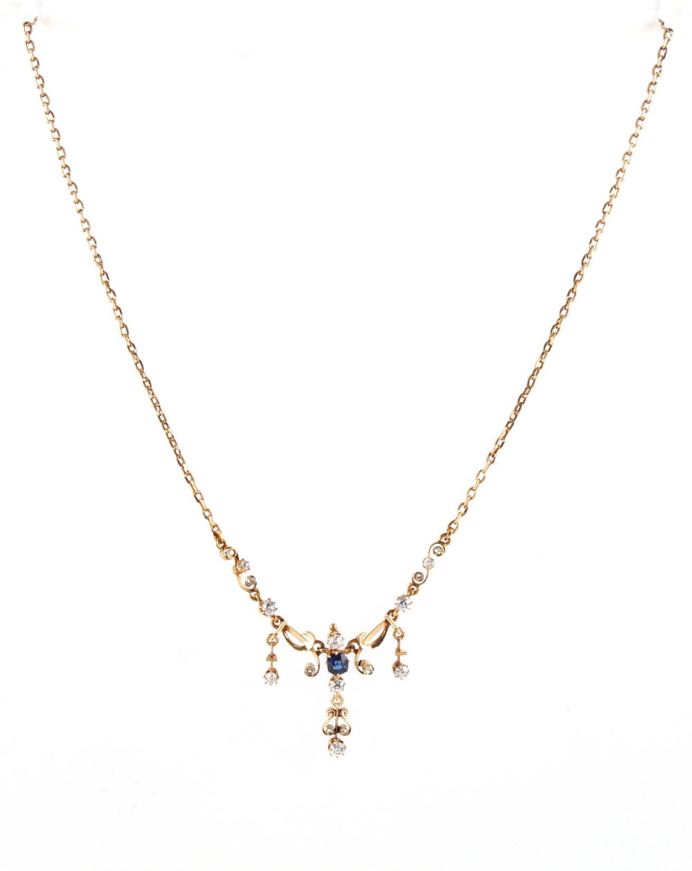 An unmarked yellow gold sapphire & diamond necklace, with chain extension, 16.4ins. (41.5cms.) long. - Image 2 of 2