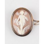 Property of a lady - an unusual carved shell cameo oval brooch depicting a fairy riding on a