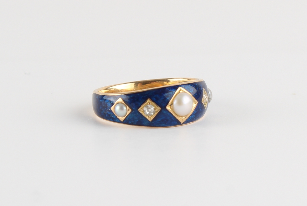 An unmarked high carat yellow gold blue enamel diamond & seed pearl ring, size M. - Image 2 of 2