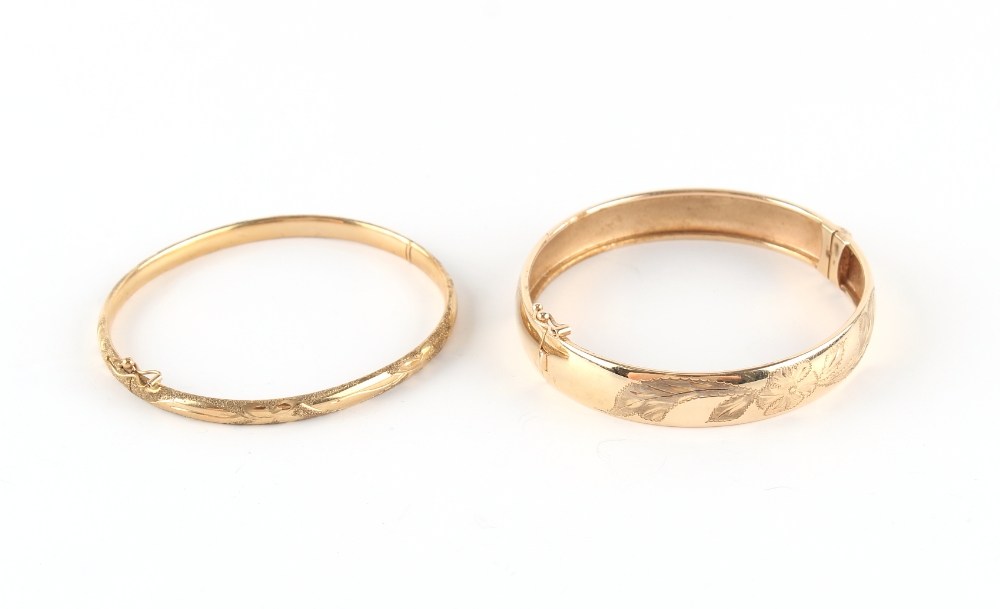 Property of a deceased estate - two 9ct yellow gold hinged bangles, approximately 17.4 grams