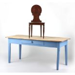 Property of a gentleman - a pine & part blue painted kitchen table, with frieze drawer & square