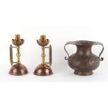 Property of a deceased estate - a pair of Arts & Crafts copper & brass candlesticks or