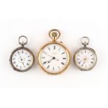 Property of a lady - a gold plated keyless wind pocket watch; together with two silver cased fob