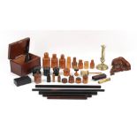 Property of a gentleman - a box containing assorted items including treen bottle holders, an 18th