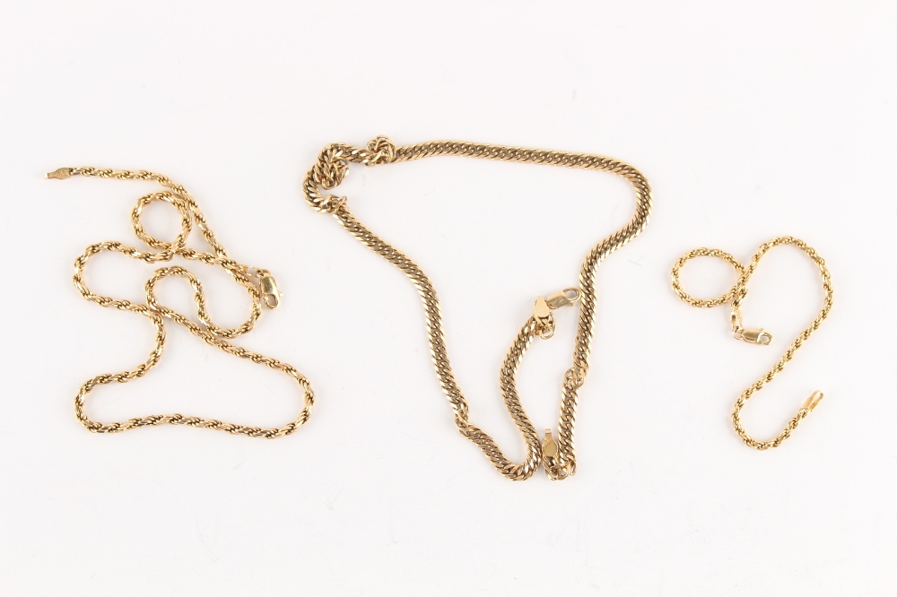 Property of a lady - two 9ct gold chain necklaces; together with a 9ct gold chain bracelet (