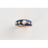 An unmarked high carat yellow gold blue enamel diamond & seed pearl ring, size M.