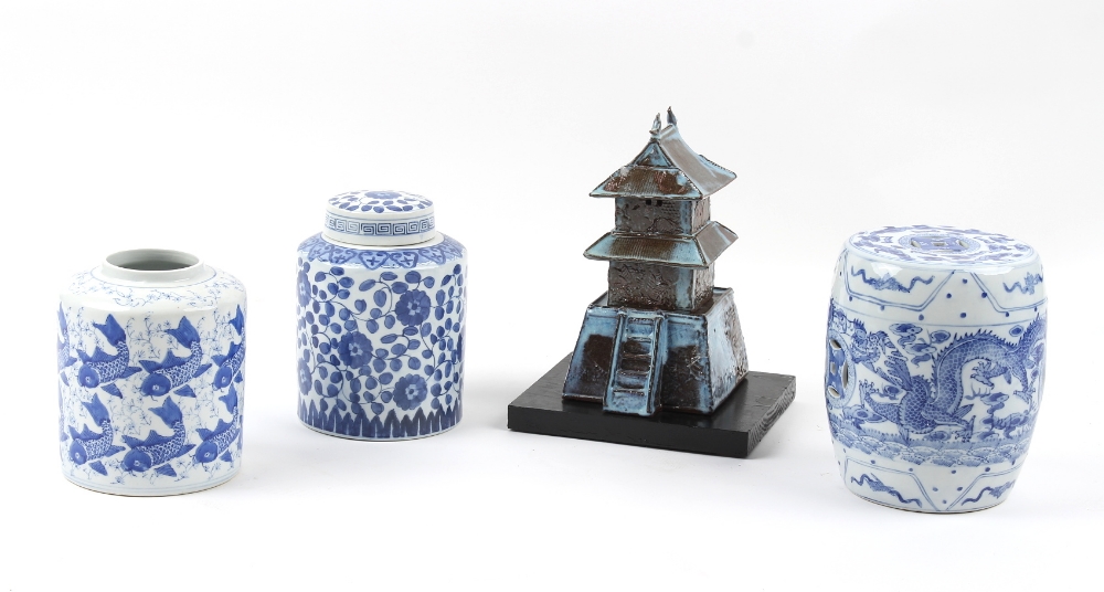 Property of a deceased estate - a modern glazed pottery model of a pagoda, 14ins. (35.5cms.) high (