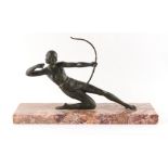 Property of a deceased estate - an Art Deco patinated bronze figure of a female archer, on pink