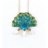 Property of a lady - a plique a jour enamel peacock pendant on chain necklace, with three