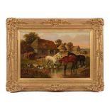 John Frederick Herring Jnr. (1815-1907) - FARMYARD SCENE WITH PONIES AT A POND - oil on canvas, re-