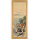 A Japanese scroll painting on silk depicting a mountainous river landscape, the painting 44.7 by