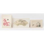 A Chinese fan painting depicting monkeys in a landscape, signed with calligraphy & red seal, the
